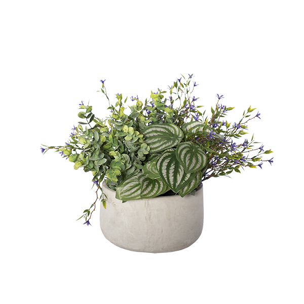 Centrepiece With Peperomias, Purple flowers & Greens In Cement planter faux floral planter