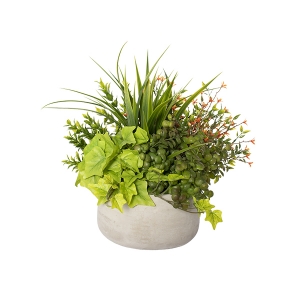 Centerpiece with greens & orange flowers faux potted planter